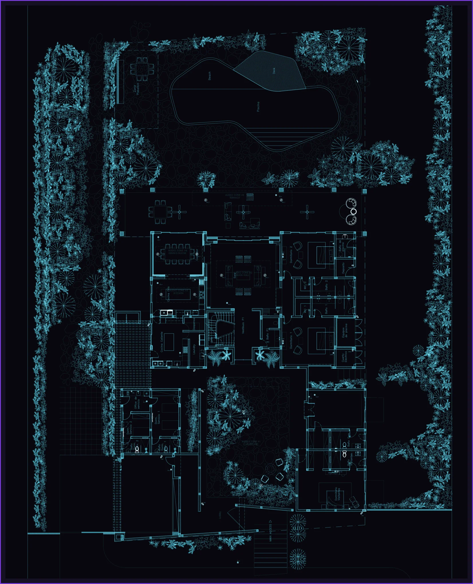 Corales 80 — level 1 tech plan, X-ray blueprint style
